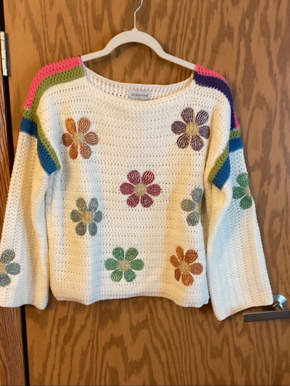 Cream Crochet Floral Crewneck Sweater - Multicolor Flowers